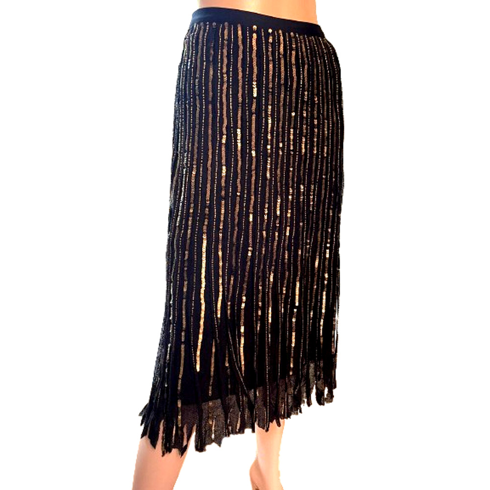 Coldwater Creek Black Gold Sequin Pencil Skirt Size 12 Fringe Shredded Edge -NEW